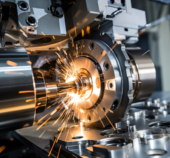 Industrial metal cutting with sparks.